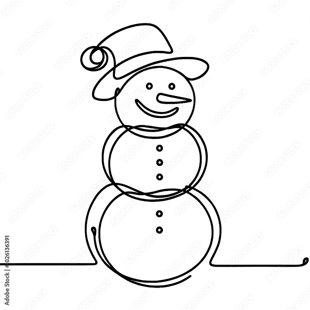 Continuous line drawing of a snowman wearing a hat, capturing the playful spirit of the winter season. Continuous line drawing of a snowman wearing a hat, capturing the playful spirit of the winter season.