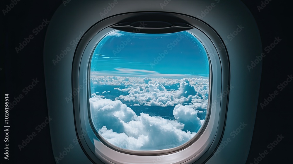 A view of fluffy clouds from an airplane window. A view of fluffy clouds from an airplane window.