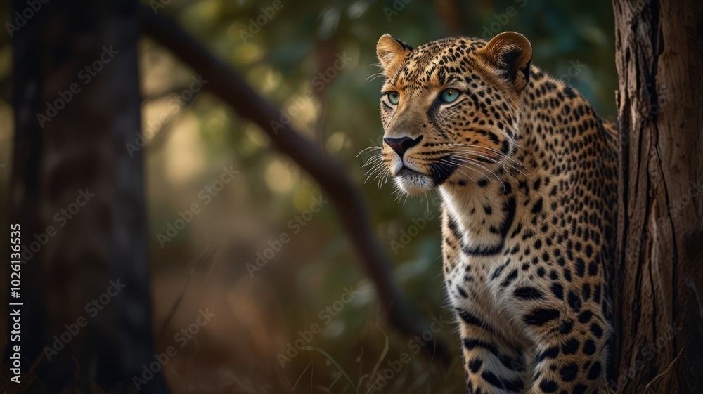 A leopard with piercing blue eyes stares intently at something off-camera, its powerful body poised in a hunting stance. It's a majestic creature in its natural habitat, A leopard with piercing blue eyes stares intently at something off-camera, its powerful body poised in a hunting stance. It's a majestic creature in its natural habitat,