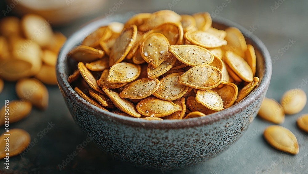 Roasted Pumpkin Seeds in a Bowl, A Healthy Autumn Snack Roasted Pumpkin Seeds in a Bowl, A Healthy Autumn Snack