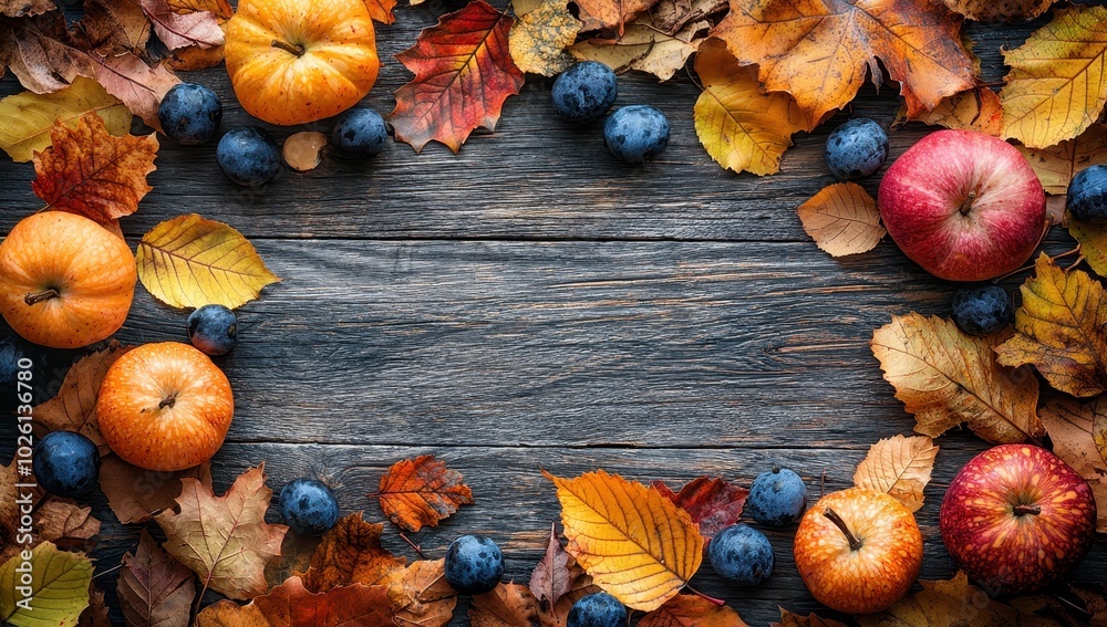 Autumn Frame of Pumpkins, Apples, and Leaves on Rustic Wood Autumn Frame of Pumpkins, Apples, and Leaves on Rustic Wood