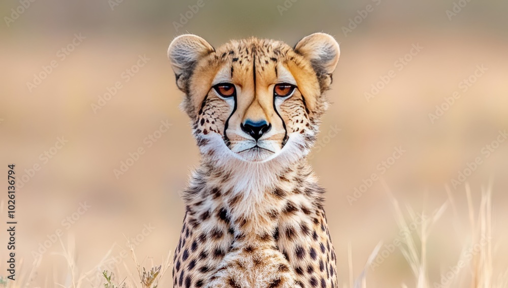 Portrait of a cheetah sitting in the grasslands of the African savanna Portrait of a cheetah sitting in the grasslands of the African savanna