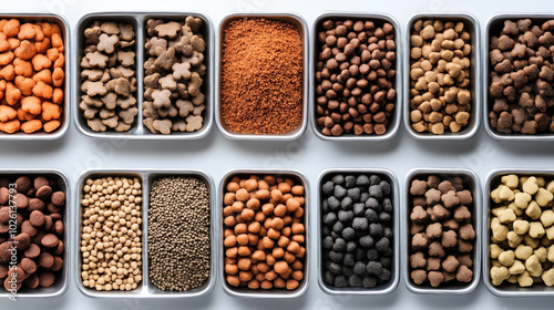 Various types of dry pet food displayed in small rectangular metal trays, featuring different shapes, sizes, and colors on a white background.