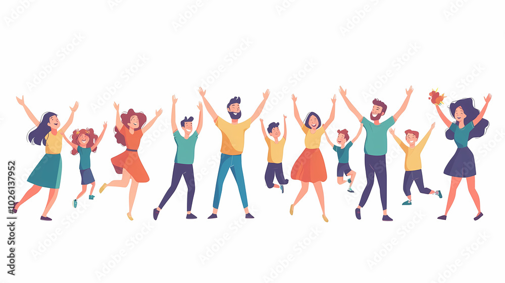 Fototapeta premium Families celebrate win, event is set. People who are happy have fun together. Couple with funny kids, celebrating success, embracing. White background with flat vector illustrations