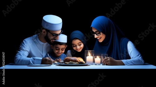 Muslim Family Iftar Dinner: A heartwarming scene of a Muslim family sharing a meal together during Iftar, the evening meal breaking the daily Ramadan fast. photo