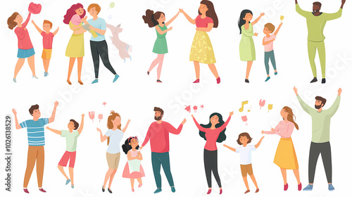 Families celebrate win, event is set. People who are happy have fun together. Couple with funny kids, celebrating success, embracing. White background with flat vector illustrations