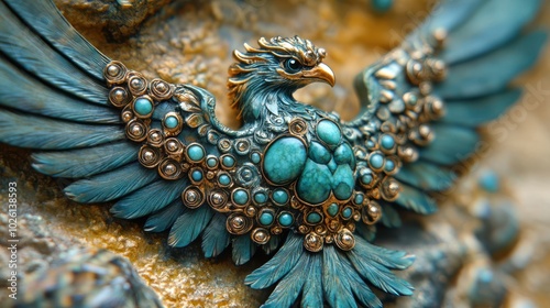 Intricate turquoise and gold eagle sculpture with detailed featherwork and gemstones.