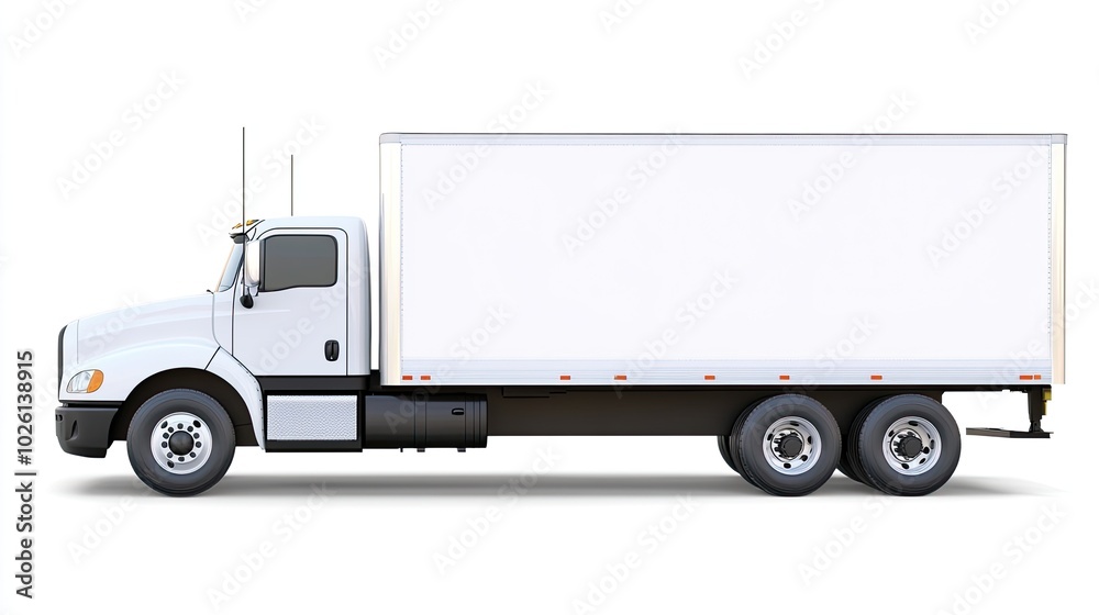 A white delivery truck with a blank side panel isolated on a white background. A white delivery truck with a blank side panel isolated on a white background.