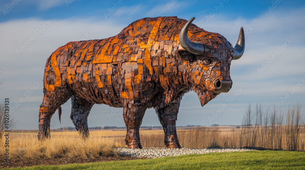 Fototapeta premium A massive, rust-colored metal buffalo sculpture stands proudly in a grassy field under a clear sky, showcasing intricate artistry and craftsmanship.