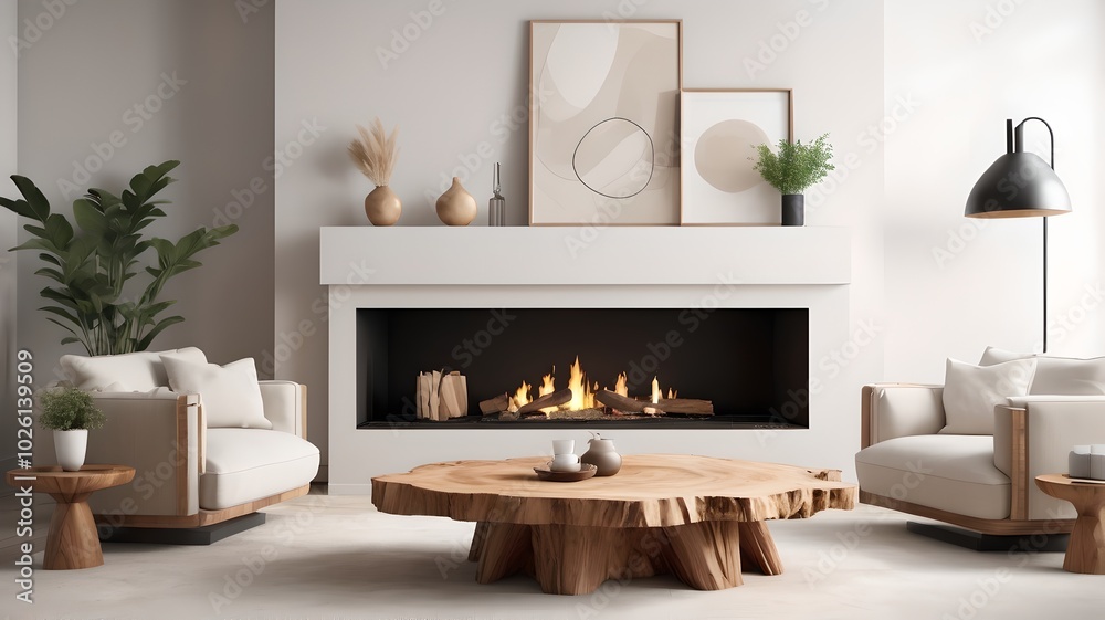 Interior design of scandinavian living room with fireplace and gray sofa. Interior design of scandinavian living room with fireplace and gray sofa.