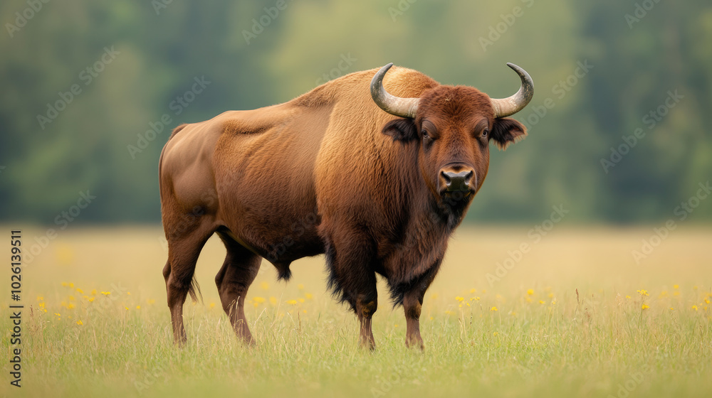 A majestic bison stands on lush green grass in a field, with a forest blurred in the background, exuding strength and tranquility. A majestic bison stands on lush green grass in a field, with a forest blurred in the background, exuding strength and tranquility.