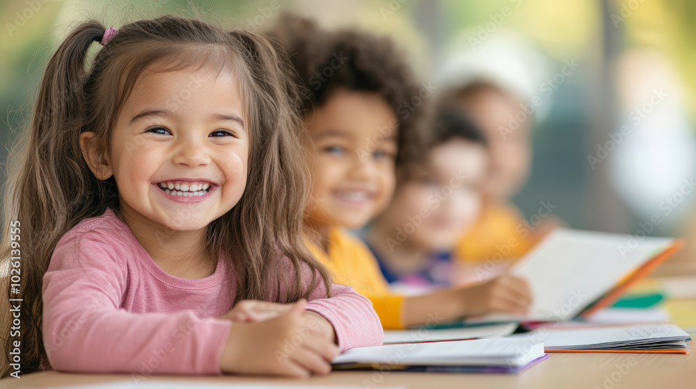 A group of diverse, happy children eagerly sitting at a classroom desk, smiling and holding books, creating a joyful and engaging learning environment. A group of diverse, happy children eagerly sitting at a classroom desk, smiling and holding books, creating a joyful and engaging learning environment.