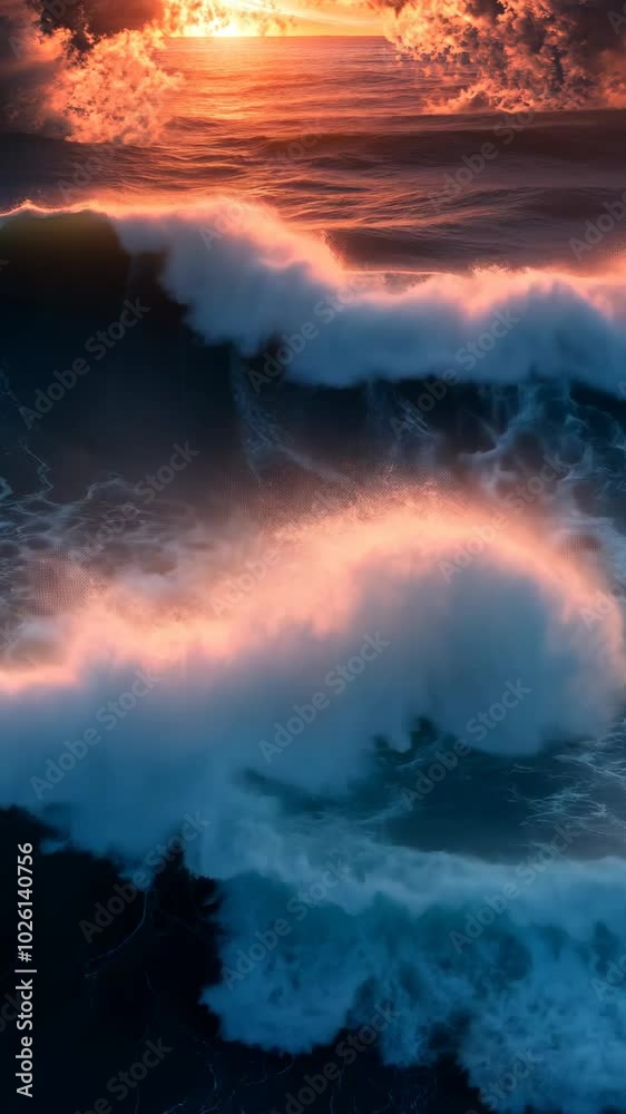 Dramatic ocean waves at sunset, vibrant sky. Nature power and tranquility concept Dramatic ocean waves at sunset, vibrant sky. Nature power and tranquility concept