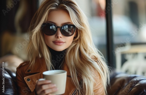 Elegant Blonde Girl in Leather Coat Enjoying Coffee