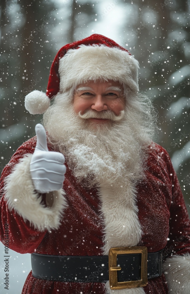Santa Claus in red suit giving thumbs up in snowy forest Santa Claus in red suit giving thumbs up in snowy forest