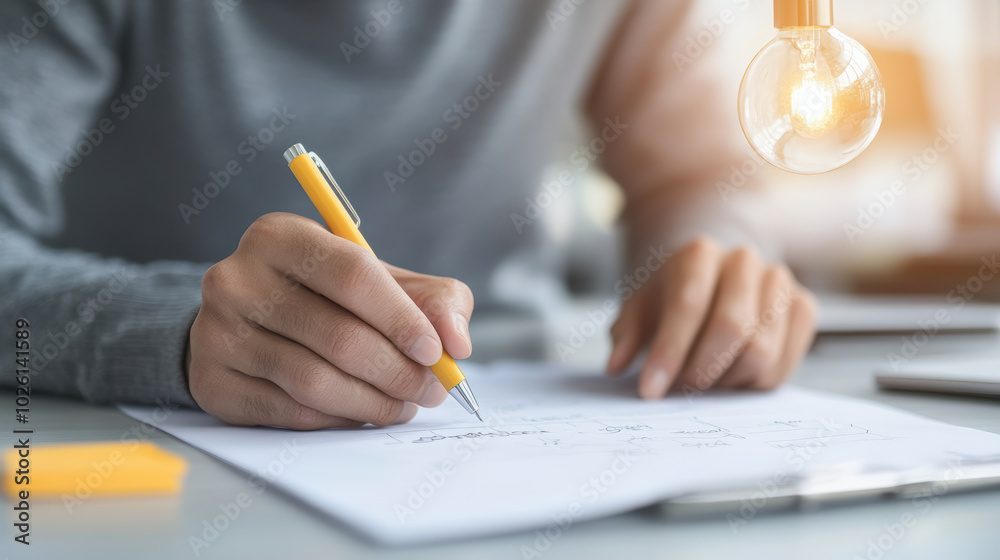 A person writes notes with a pencil at a table, with a glowing light bulb symbolizing inspiration and creativity in the background. A person writes notes with a pencil at a table, with a glowing light bulb symbolizing inspiration and creativity in the background.