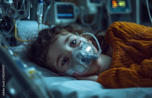 Child in Hospital Bed with Oxygen Mask, Comforted by Mother photo