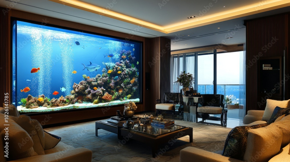 High-end living room featuring a large aquarium room divider, with colorful tropical fish adding movement and tranquility