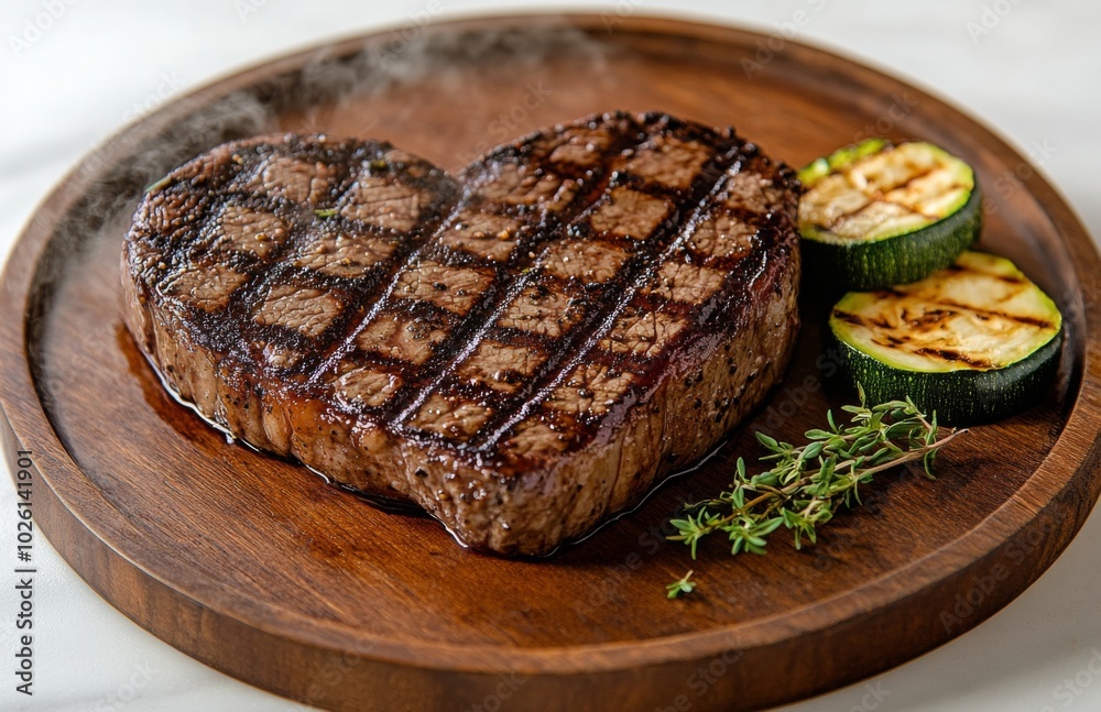 Large Heart Shaped Steak on Wooden Plate with Thyme