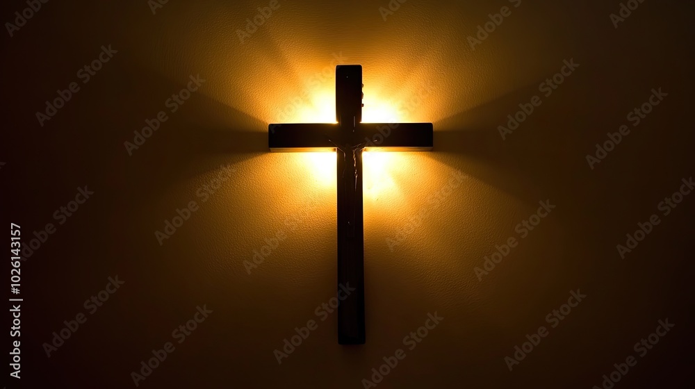 A wooden cross glows with a warm light, radiating hope and faith. A wooden cross glows with a warm light, radiating hope and faith.