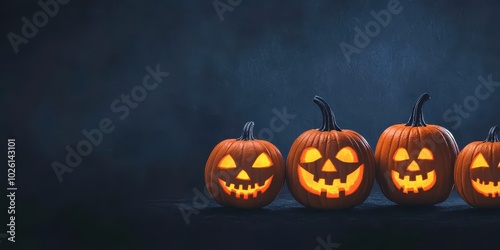 Three glowing Halloween pumpkins with carved faces against a dark background, perfect for autumn decor and spooky celebrations. photo