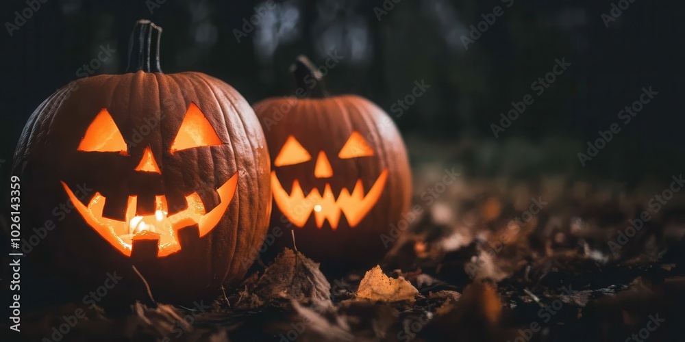 Two carved Halloween pumpkins glow in the dark, creating a festive and spooky atmosphere perfect for autumn celebrations. Two carved Halloween pumpkins glow in the dark, creating a festive and spooky atmosphere perfect for autumn celebrations.