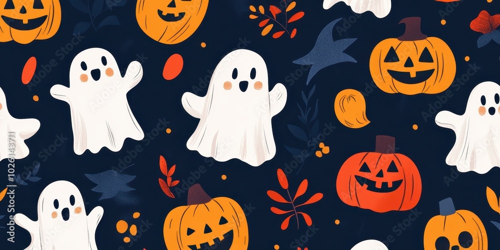 Whimsical Halloween pattern featuring cute ghosts and pumpkins, perfect for festive decorations and seasonal designs. Whimsical Halloween pattern featuring cute ghosts and pumpkins, perfect for festive decorations and seasonal designs.