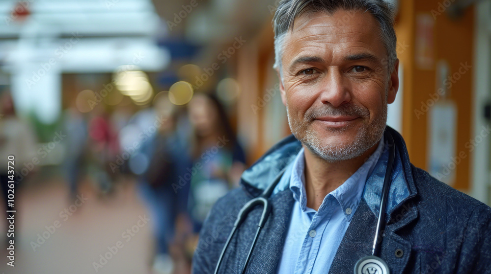 Confident Doctor Standing in Hospital Corridor Confident Doctor Standing in Hospital Corridor