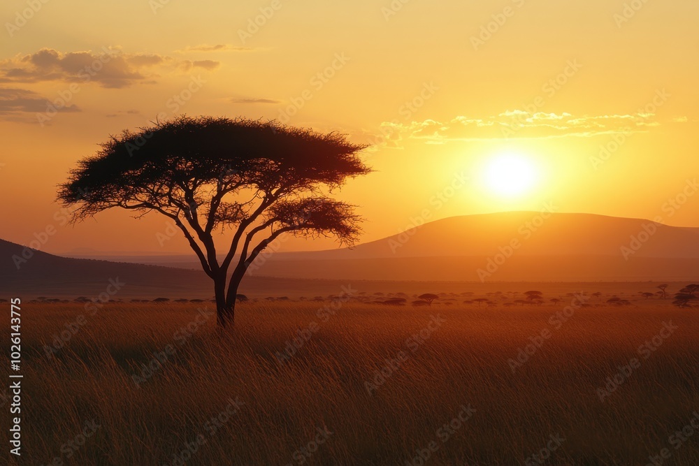 African Savanna Sunset with Acacia Tree Silhouettes African Savanna Sunset with Acacia Tree Silhouettes