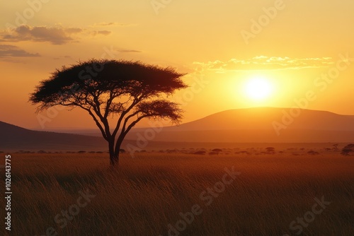 African Savanna Sunset with Acacia Tree Silhouettes