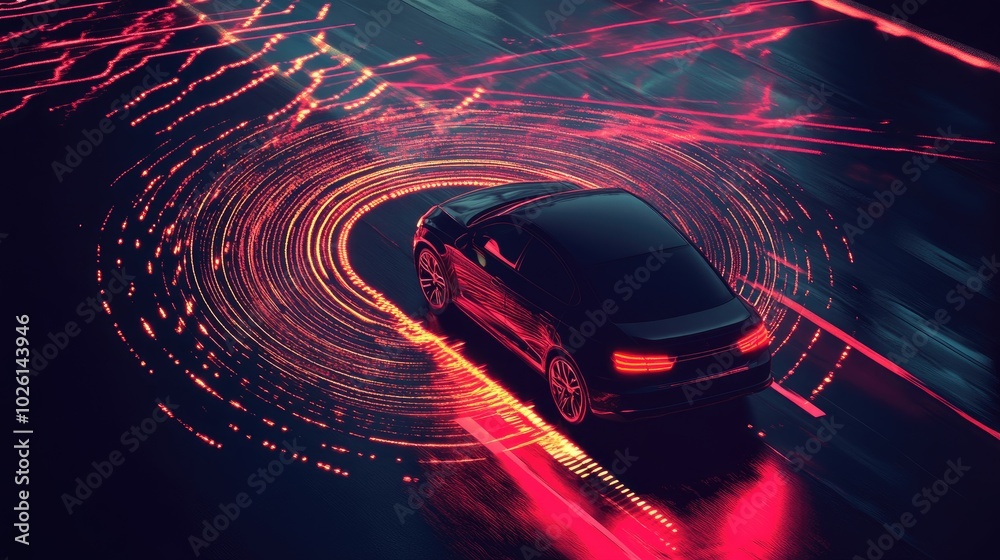 A car sends out GPS signals with pulsing waves, showcasing modern tracking technology used to locate vehicles or assist with navigation. A car sends out GPS signals with pulsing waves, showcasing modern tracking technology used to locate vehicles or assist with navigation.