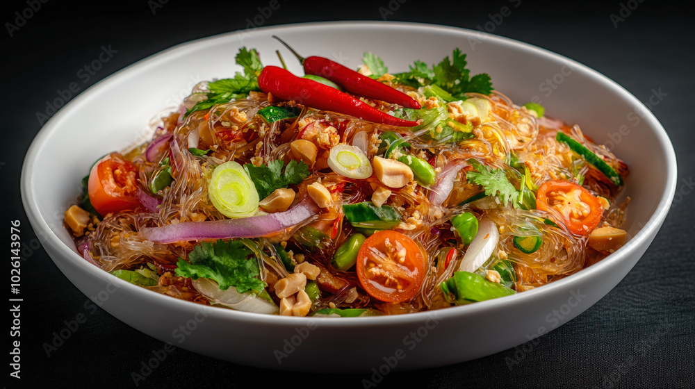 A vibrant Thai glass noodle salad with cherry tomatoes, peanuts, red onions, spring onions, chilies, and fresh coriander, served in a white bowl. A vibrant Thai glass noodle salad with cherry tomatoes, peanuts, red onions, spring onions, chilies, and fresh coriander, served in a white bowl.