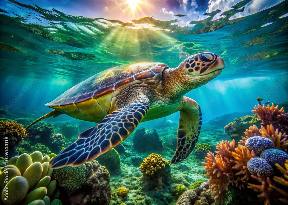 Fototapeta premium Stunning Double Exposure Portrait of a Green Sea Turtle Swimming Over Coral Reef in Underwater Paradise