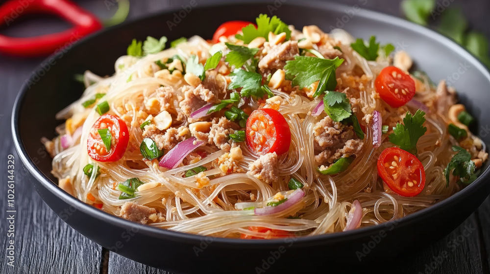 A vibrant plate of noodle salad topped with minced meat, cherry tomatoes, red onions, peanuts, and fresh cilantro on a dark wooden table. A vibrant plate of noodle salad topped with minced meat, cherry tomatoes, red onions, peanuts, and fresh cilantro on a dark wooden table.