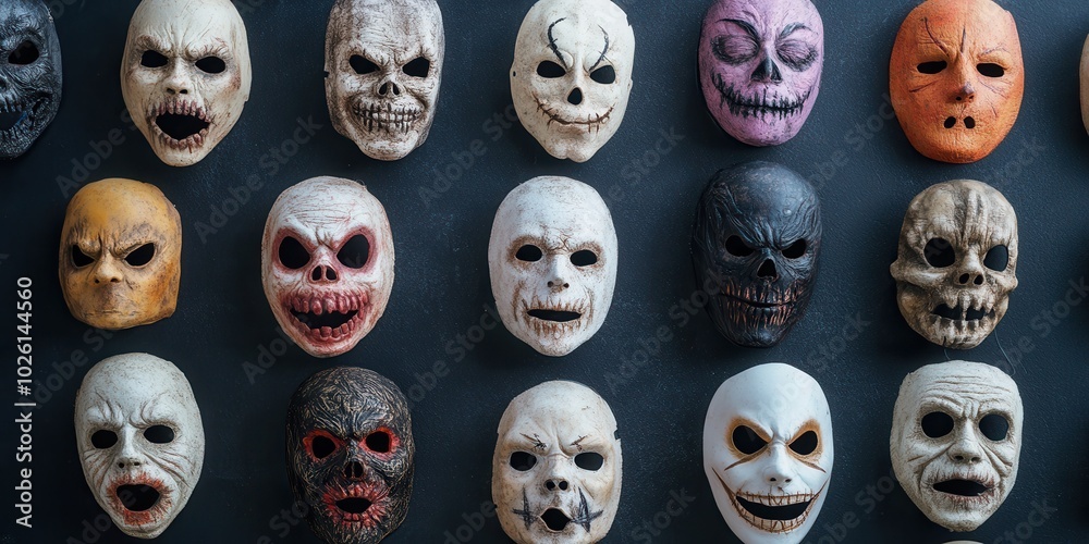 A collection of unique horror masks displayed against a dark background, perfect for Halloween or themed events. A collection of unique horror masks displayed against a dark background, perfect for Halloween or themed events.