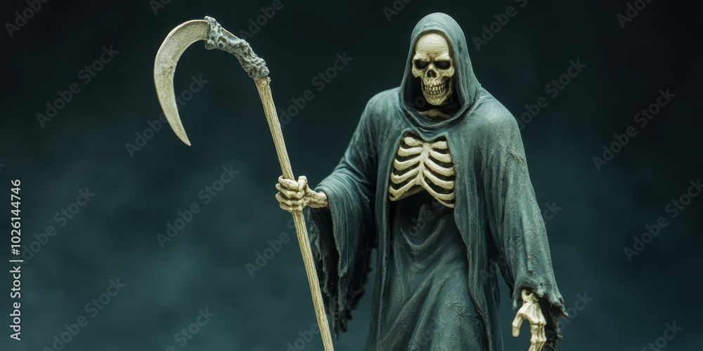Obraz premium A detailed figure of a grim reaper with a scythe, symbolizing death and the supernatural in a dark, eerie setting.