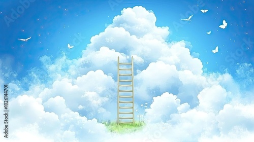 A wooden ladder leads up to the clouds in a blue sky with white clouds and birds.