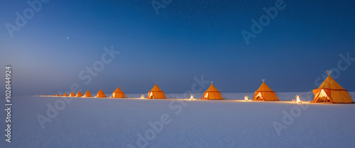 Rann of Kutch during White Rann Festival: The vast salt desert of the Rann of Kutch under the moonlight during the White Rann Festival, with beautifully decorated tents and cultural performances.  photo