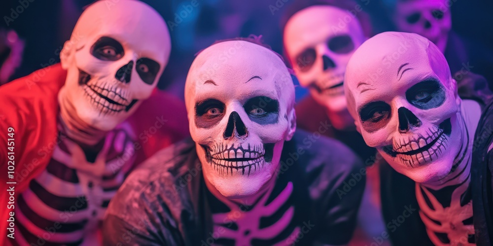 A fun, colorful gathering of people in skeleton costumes, perfect for Halloween celebrations or themed parties. A fun, colorful gathering of people in skeleton costumes, perfect for Halloween celebrations or themed parties.
