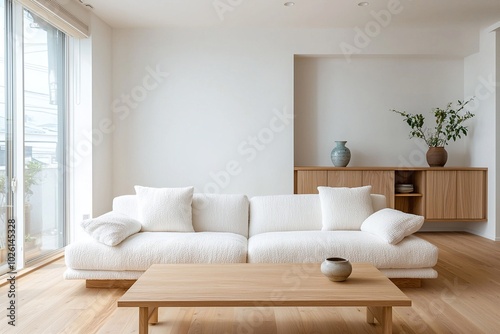 A modern japandi interior in the living room with minimalist, wood cabinets and boucle sofas. Generative AI
