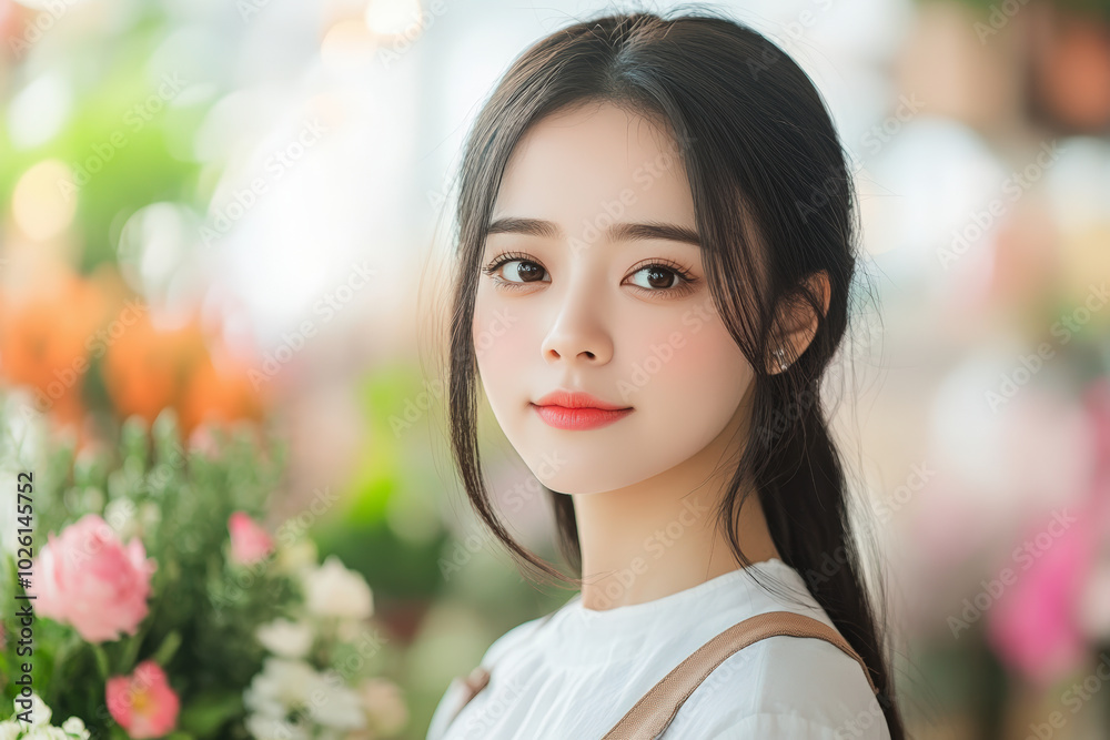 A person with long dark hair stands outdoors, holding a bouquet of flowers. Bright and colorful background creates a vibrant, pleasant atmosphere. A person with long dark hair stands outdoors, holding a bouquet of flowers. Bright and colorful background creates a vibrant, pleasant atmosphere.
