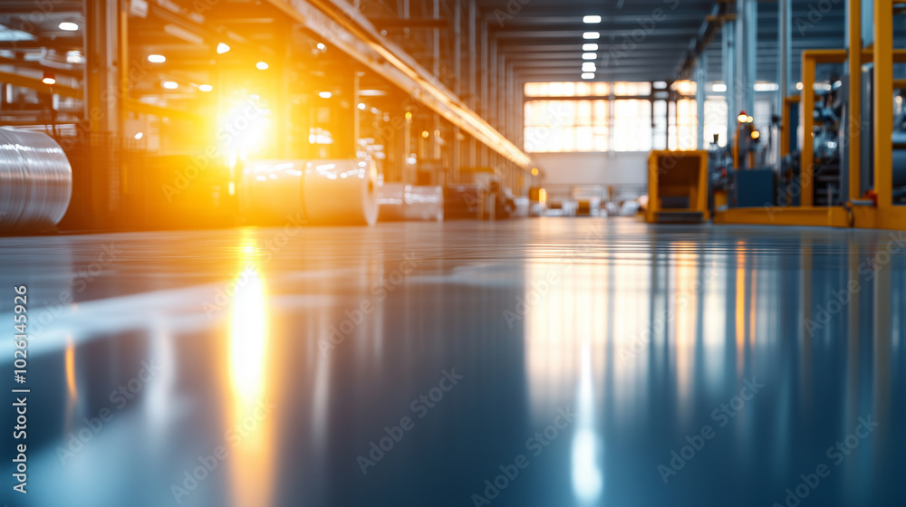 A clean, industrial factory where polyethylene film production is underway, the sunlight streaming in through large windows reflecting off the glossy surfaces of the material, show A clean, industrial factory where polyethylene film production is underway, the sunlight streaming in through large windows reflecting off the glossy surfaces of the material, show