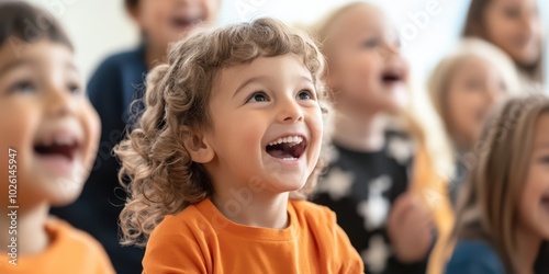 A joyful child laughs heartily among friends, embodying the innocence and happiness of childhood in a bright classroom setting.