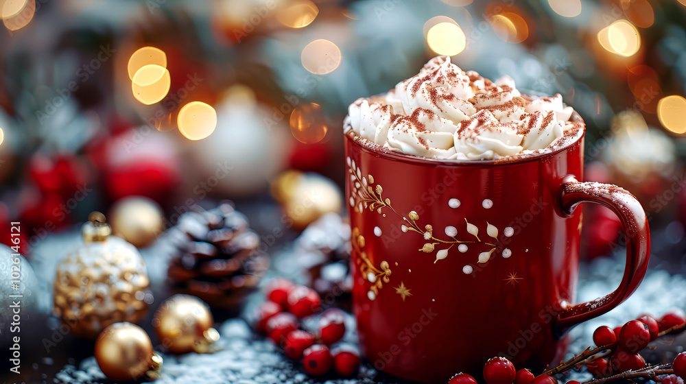 Cup of hot chocolate with whipped cream and christmas decoration on dark background