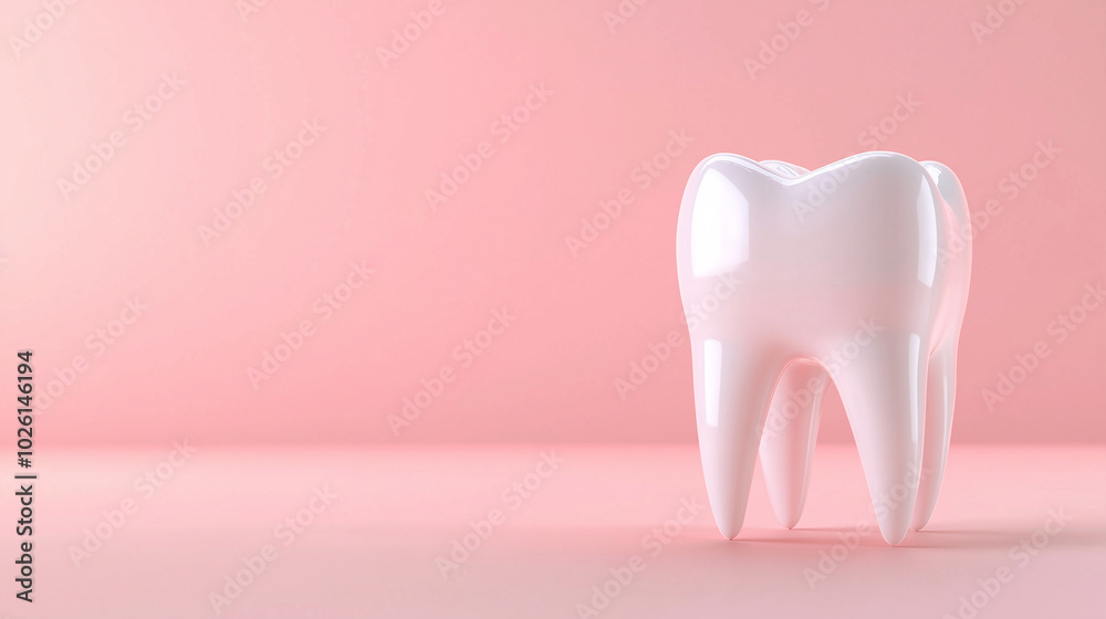 A lifelike 3D rendering of a gleaming white molar tooth centered on a pale pastel pink background, with soft shadows emphasizing the toothâs natural curves and anatomical structure A lifelike 3D rendering of a gleaming white molar tooth centered on a pale pastel pink background, with soft shadows emphasizing the toothâs natural curves and anatomical structure