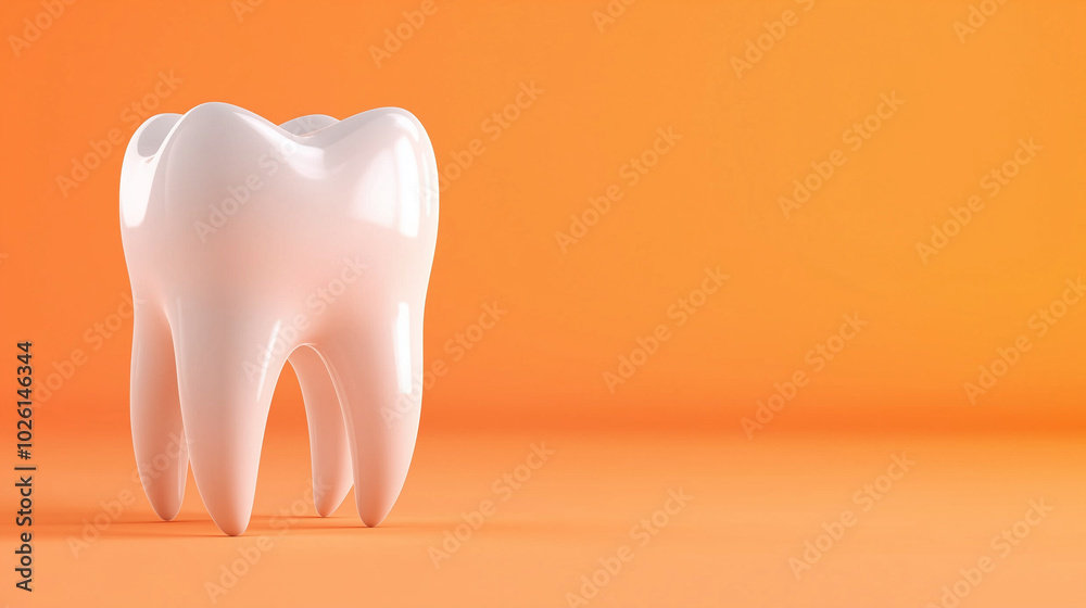 A realistic 3D rendering of a white molar tooth, highlighting its natural grooves and contours, standing out against a light pastel orange background, symbolizing dental care and h A realistic 3D rendering of a white molar tooth, highlighting its natural grooves and contours, standing out against a light pastel orange background, symbolizing dental care and h