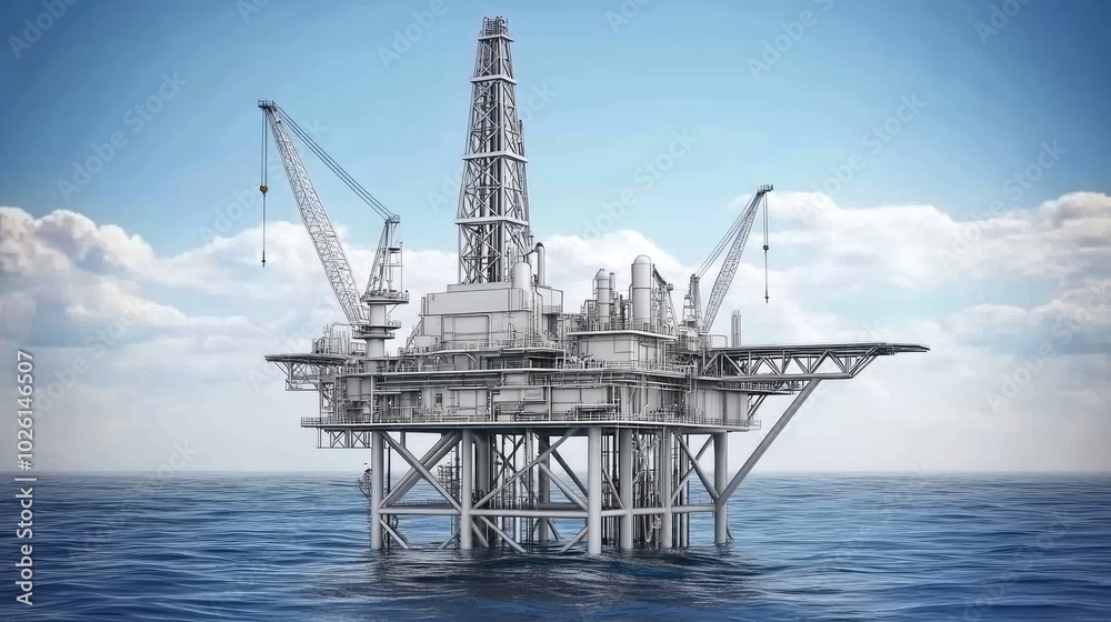 A 3D wireframe model of an offshore oil rig, showcasing the drilling process with visible and invisible layers. The dynamic rendering highlights the structural complexity.