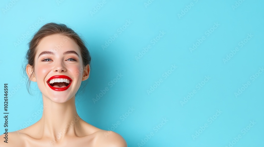Close-up of a woman biting her lip in excitement, eyes glowing with happiness, wearing bold red lipstick Close-up of a woman biting her lip in excitement, eyes glowing with happiness, wearing bold red lipstick