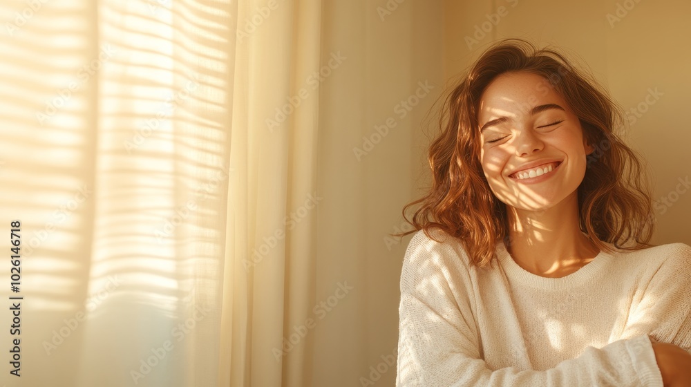A woman hugging herself with joy, eyes closed, big grin on her face, with soft lighting from a window A woman hugging herself with joy, eyes closed, big grin on her face, with soft lighting from a window