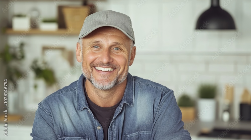 A man with a cheeky smile, eyebrow raised in delight, wearing a baseball cap and casual clothes A man with a cheeky smile, eyebrow raised in delight, wearing a baseball cap and casual clothes